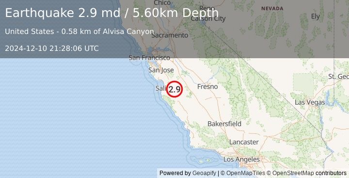 Earthquake CENTRAL CALIFORNIA (2.9 md) (2024-12-10 21:28:06 UTC)