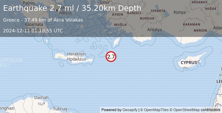 Earthquake DODECANESE ISLANDS, GREECE (2.7 ml) (2024-12-11 01:18:55 UTC)