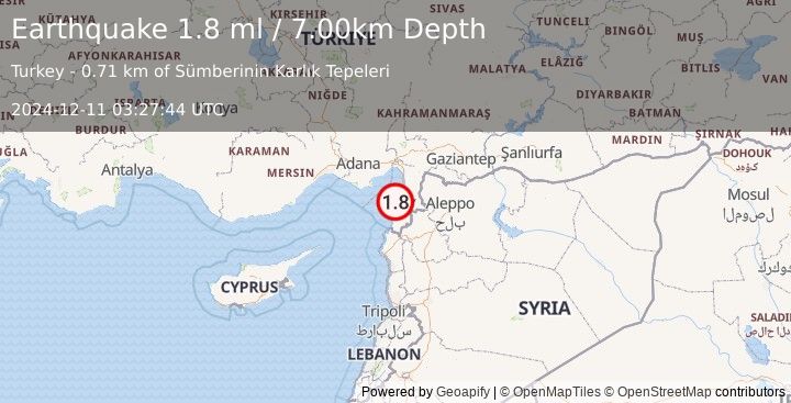 Earthquake TURKEY-SYRIA BORDER REGION (1.8 ml) (2024-12-11 03:27:44 UTC)