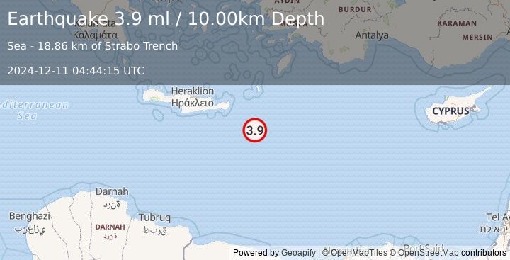 Earthquake EASTERN MEDITERRANEAN SEA (3.9 ml) (2024-12-11 04:44:15 UTC)