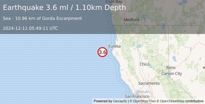 Earthquake OFFSHORE NORTHERN CALIFORNIA (3.6 ml) (2024-12-11 05:49:11 UTC)