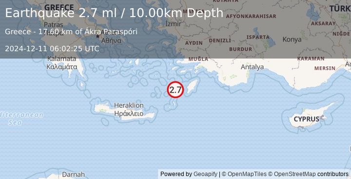 Earthquake DODECANESE IS.-TURKEY BORDER REG (2.7 ml) (2024-12-11 06:02:25 UTC)