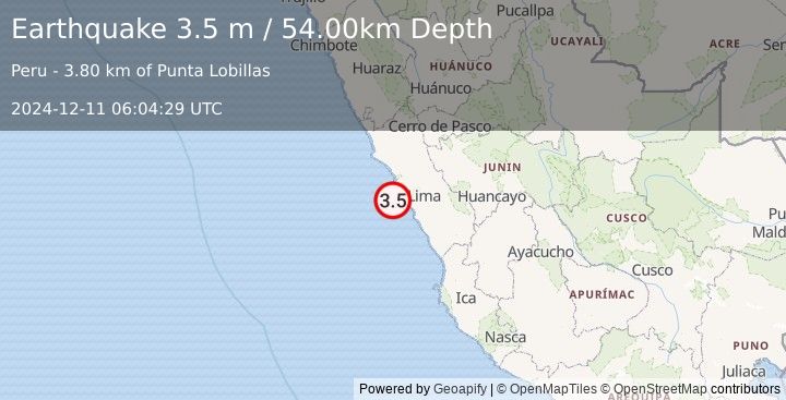 Earthquake NEAR COAST OF CENTRAL PERU (3.5 m) (2024-12-11 06:04:29 UTC)