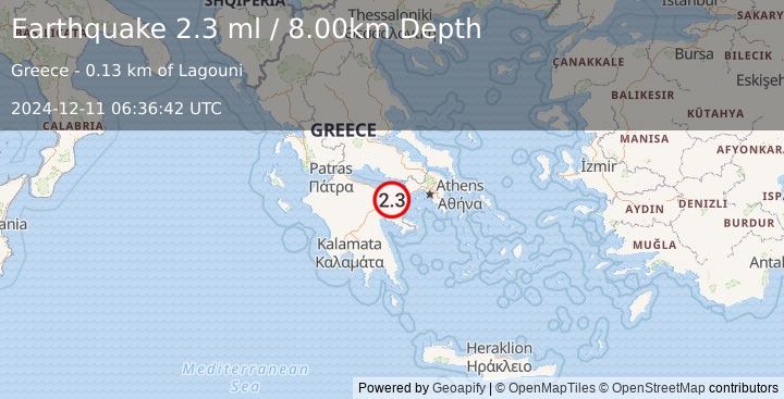 Earthquake SOUTHERN GREECE (2.3 ml) (2024-12-11 06:36:42 UTC)