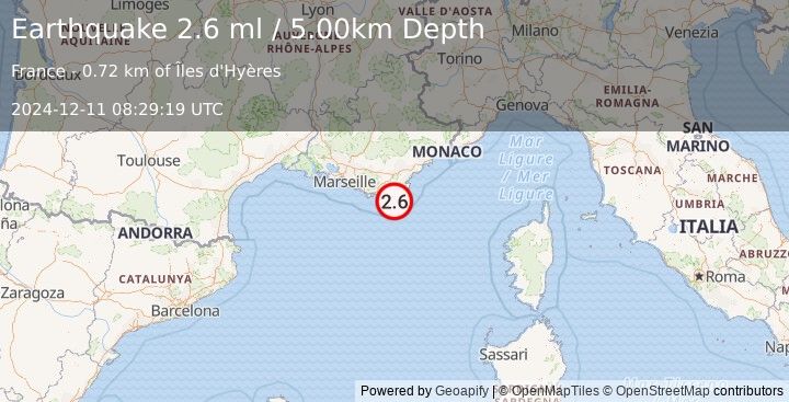 Earthquake NEAR SOUTH COAST OF FRANCE (2.6 ml) (2024-12-11 08:29:19 UTC)