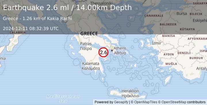 Earthquake SOUTHERN GREECE (2.6 ml) (2024-12-11 08:32:39 UTC)