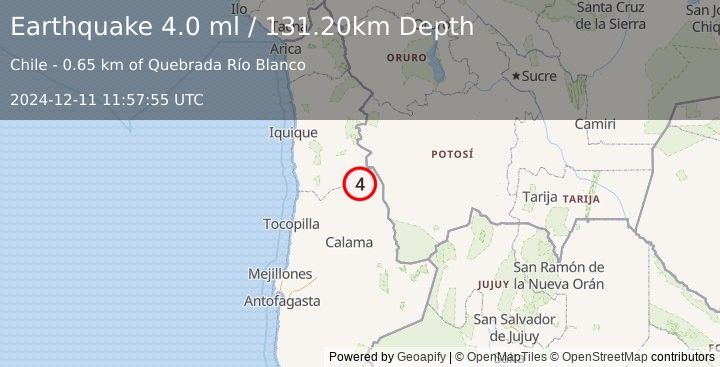 Earthquake ANTOFAGASTA, CHILE (4.0 ml) (2024-12-11 11:57:55 UTC)