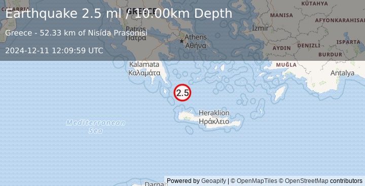 Earthquake SOUTHERN GREECE (2.5 ml) (2024-12-11 12:09:59 UTC)