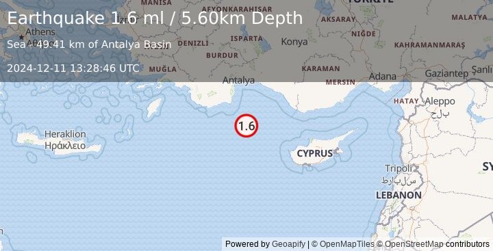 Earthquake EASTERN MEDITERRANEAN SEA (1.6 ml) (2024-12-11 13:28:46 UTC)