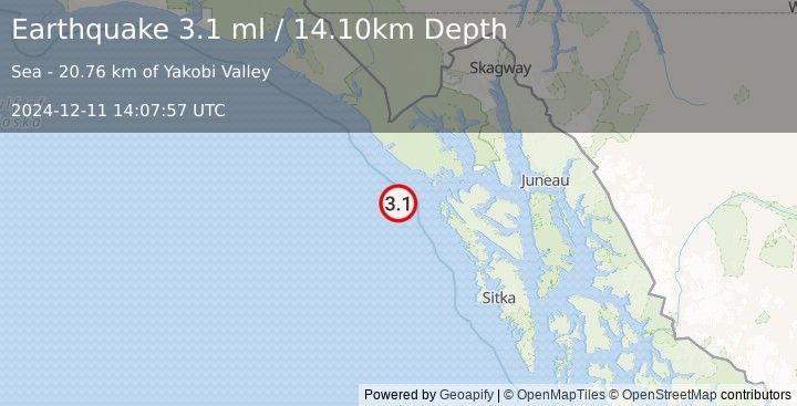 Earthquake SOUTHEASTERN ALASKA (3.1 ml) (2024-12-11 14:07:57 UTC)