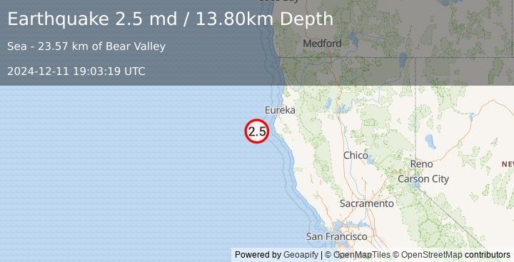 Earthquake OFFSHORE NORTHERN CALIFORNIA (2.5 md) (2024-12-11 19:03:19 UTC)