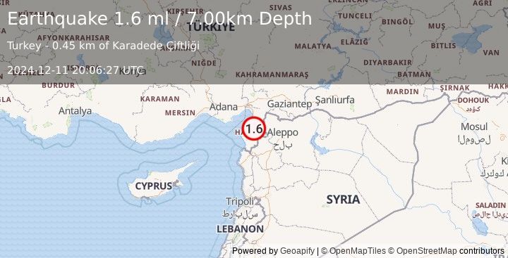 Earthquake TURKEY-SYRIA BORDER REGION (1.6 ml) (2024-12-11 20:06:27 UTC)