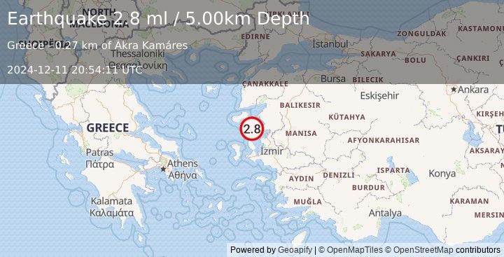 Earthquake NEAR THE COAST OF WESTERN TURKEY (2.8 ml) (2024-12-11 20:54:11 UTC)