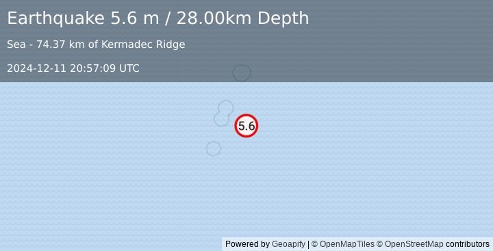 Earthquake KERMADEC ISLANDS, NEW ZEALAND (5.6 mb) (2024-12-11 20:57:12 UTC)