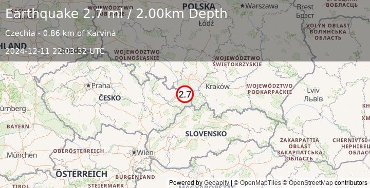 Earthquake CZECH REPUBLIC (2.7 ml) (2024-12-11 22:03:32 UTC)