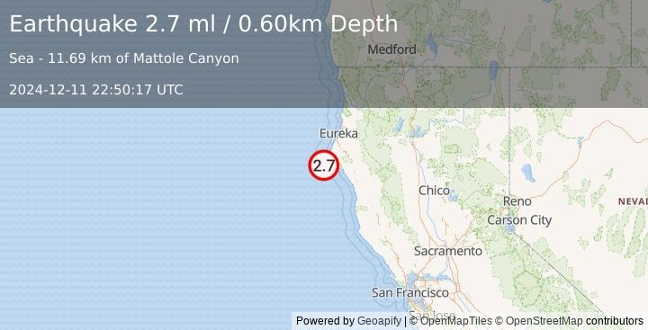 Earthquake OFFSHORE NORTHERN CALIFORNIA (2.7 ml) (2024-12-11 22:50:17 UTC)