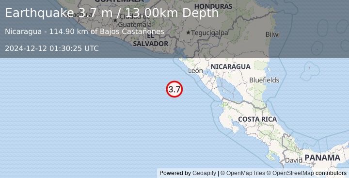 Earthquake NEAR COAST OF NICARAGUA (3.7 m) (2024-12-12 01:30:25 UTC)