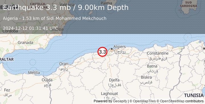 Earthquake NORTHERN ALGERIA (3.3 mb) (2024-12-12 01:31:41 UTC)