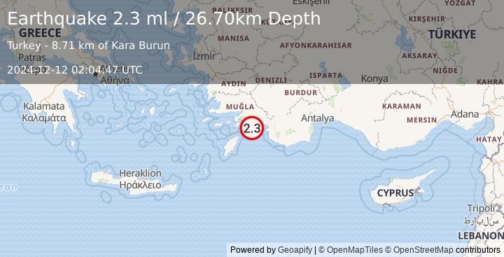 Earthquake DODECANESE IS.-TURKEY BORDER REG (2.3 ml) (2024-12-12 02:04:47 UTC)