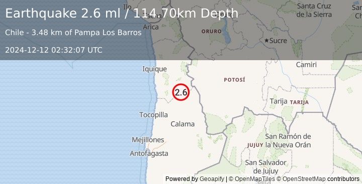 Earthquake TARAPACA, CHILE (2.6 ml) (2024-12-12 02:32:07 UTC)