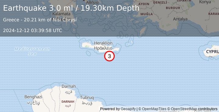 Earthquake CRETE, GREECE (3.0 ml) (2024-12-12 03:39:58 UTC)