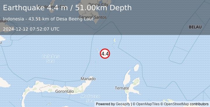 Earthquake KEPULAUAN TALAUD, INDONESIA (4.4 m) (2024-12-12 07:52:07 UTC)