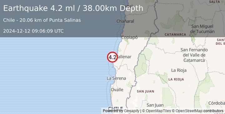 Earthquake OFFSHORE ATACAMA, CHILE (4.2 ml) (2024-12-12 09:06:09 UTC)