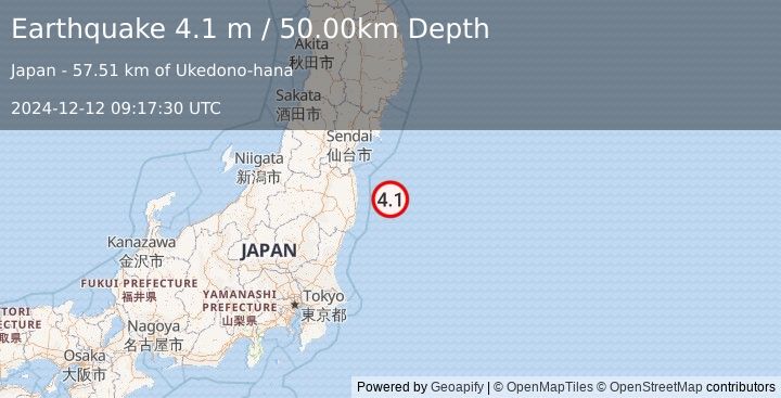 Earthquake NEAR EAST COAST OF HONSHU, JAPAN (4.1 m) (2024-12-12 09:17:30 UTC)