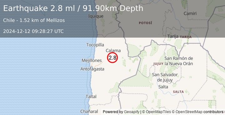 Earthquake ANTOFAGASTA, CHILE (2.8 ml) (2024-12-12 09:28:27 UTC)