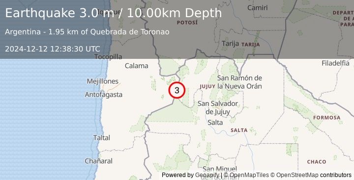 Earthquake SALTA, ARGENTINA (3.0 ml) (2024-12-12 12:38:01 UTC)