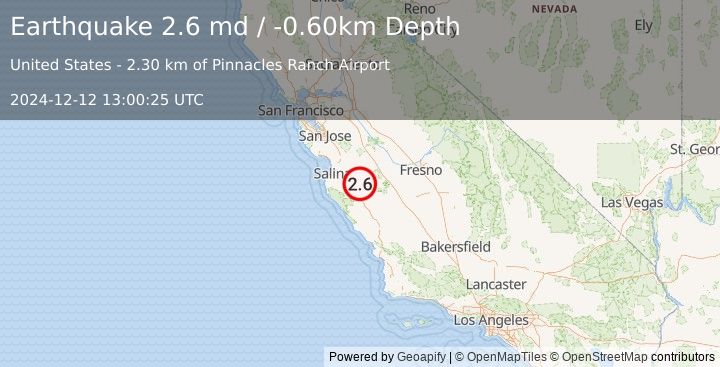 Earthquake CENTRAL CALIFORNIA (2.6 md) (2024-12-12 13:00:25 UTC)