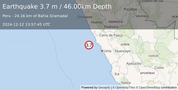 Earthquake OFF COAST OF CENTRAL PERU (3.7 m) (2024-12-12 13:57:45 UTC)