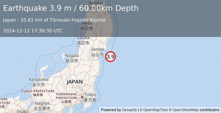 Earthquake NEAR EAST COAST OF HONSHU, JAPAN (3.9 m) (2024-12-12 17:39:30 UTC)