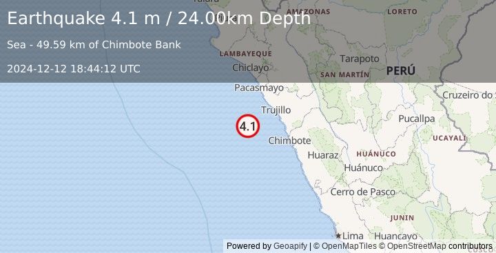 Earthquake NEAR COAST OF NORTHERN PERU (4.1 m) (2024-12-12 18:44:12 UTC)