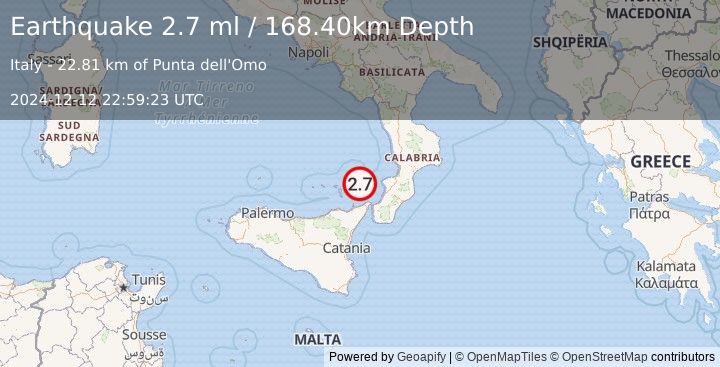 Earthquake SICILY, ITALY (2.7 ml) (2024-12-12 22:59:23 UTC)