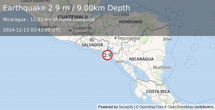 Earthquake NEAR COAST OF NICARAGUA (2.9 m) (2024-12-13 03:43:00 UTC)