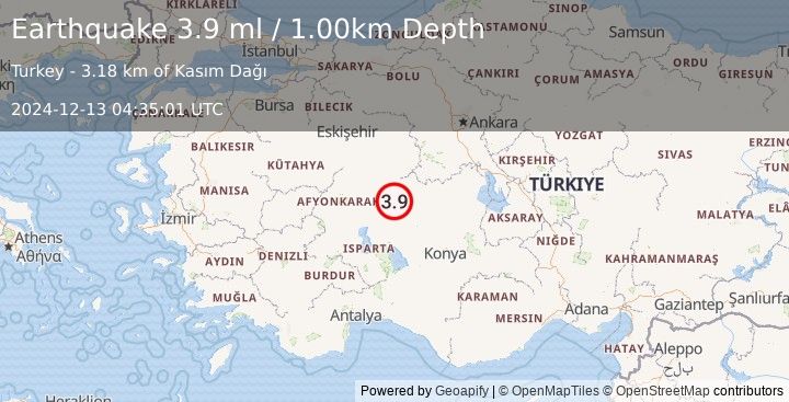 Earthquake WESTERN TURKEY (3.9 ml) (2024-12-13 04:35:01 UTC)