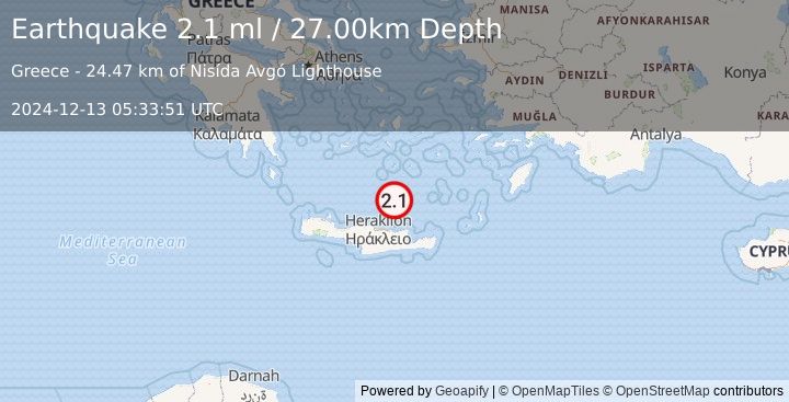 Earthquake CRETE, GREECE (2.1 ml) (2024-12-13 05:33:51 UTC)