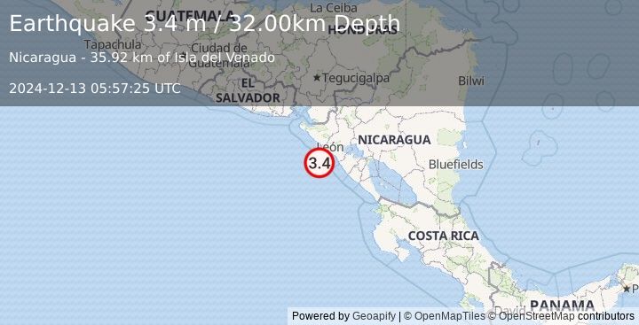 Earthquake NEAR COAST OF NICARAGUA (3.4 m) (2024-12-13 05:57:25 UTC)