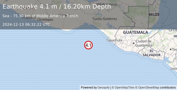 Earthquake OFF COAST OF CHIAPAS, MEXICO (4.1 m) (2024-12-13 06:32:22 UTC)