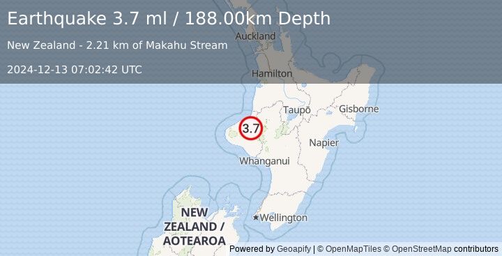 Earthquake NORTH ISLAND OF NEW ZEALAND (3.7 ml) (2024-12-13 07:02:42 UTC)