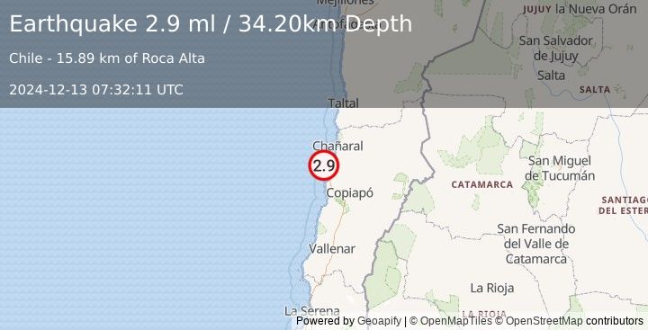 Earthquake OFFSHORE ATACAMA, CHILE (2.9 ml) (2024-12-13 07:32:11 UTC)