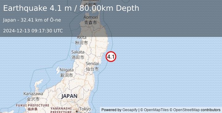 Earthquake NEAR EAST COAST OF HONSHU, JAPAN (4.1 m) (2024-12-13 09:17:30 UTC)