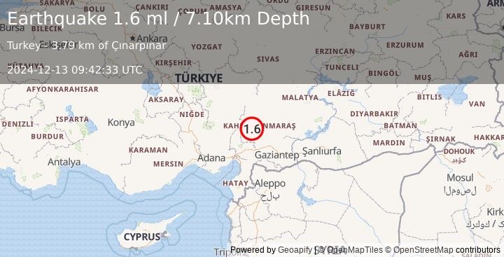 Earthquake CENTRAL TURKEY (1.6 ml) (2024-12-13 09:42:33 UTC)