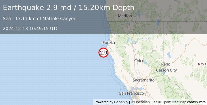 Earthquake OFFSHORE NORTHERN CALIFORNIA (2.9 md) (2024-12-13 10:49:15 UTC)