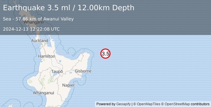 Earthquake OFF E. COAST OF N. ISLAND, N.Z. (3.5 ml) (2024-12-13 12:22:08 UTC)