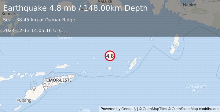 Earthquake KEPULAUAN BABAR, INDONESIA (4.8 mb) (2024-12-13 14:05:16 UTC)