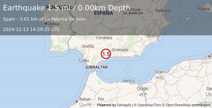 Earthquake STRAIT OF GIBRALTAR (1.5 ml) (2024-12-13 14:29:25 UTC)