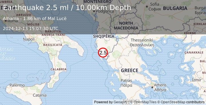 Earthquake ALBANIA (2.5 ml) (2024-12-13 15:07:29 UTC)