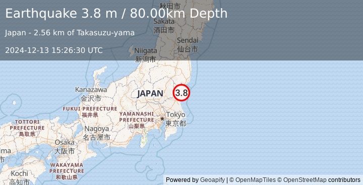 Earthquake NEAR EAST COAST OF HONSHU, JAPAN (3.8 m) (2024-12-13 15:26:30 UTC)